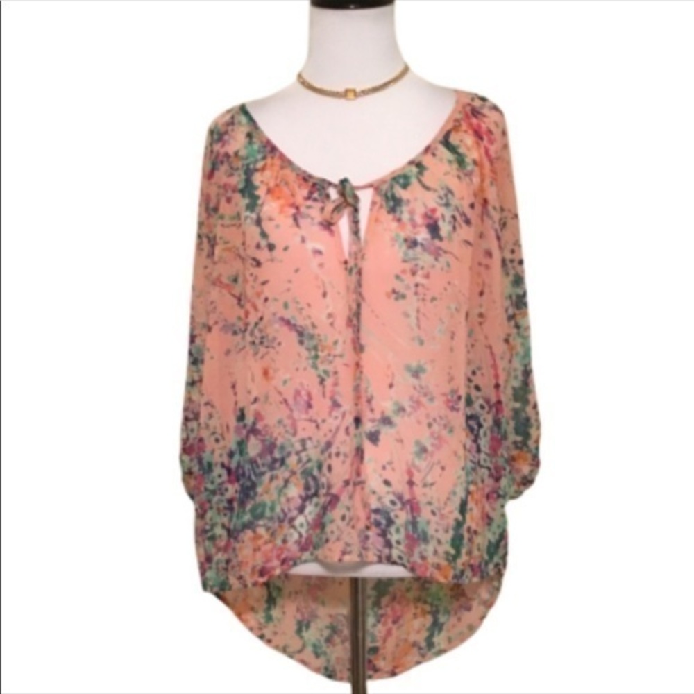 Everly SemiSheer Peach & Watercolors Flowy Boho Round Neck Blouse S